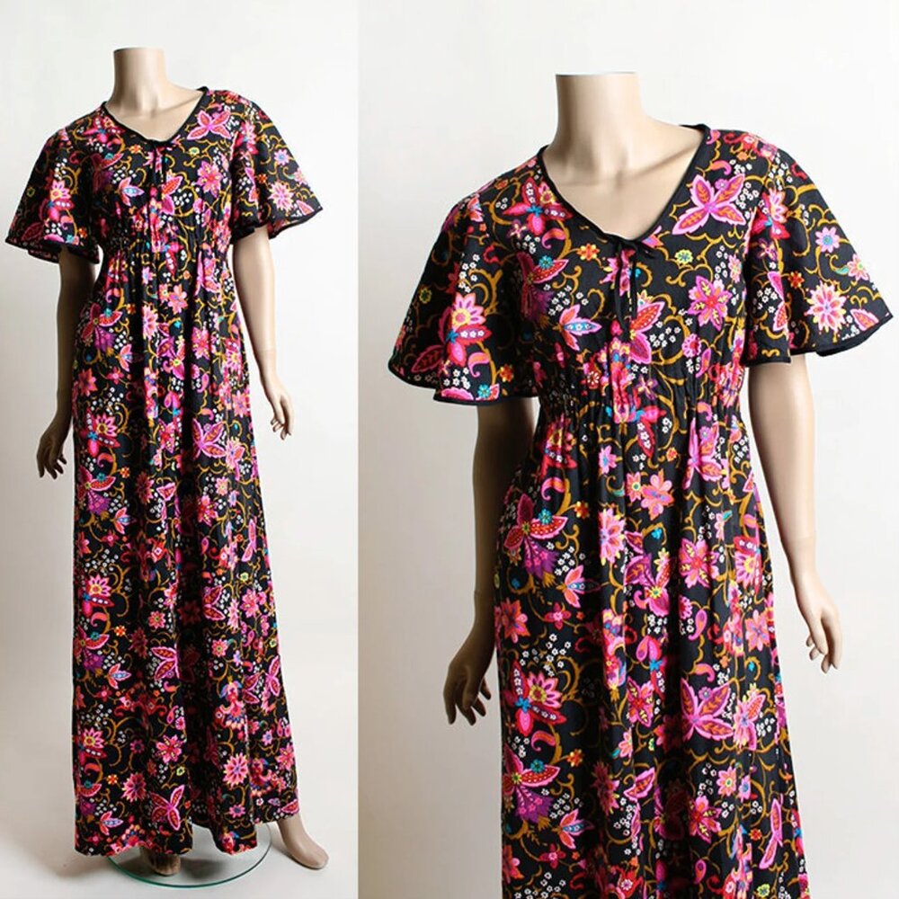 Vintage 1960s Psychedelic Floral Print Maxi Dress Flutter Sleeve 60s Small